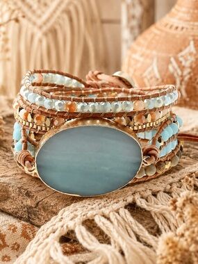 Plumiss Amazonite Natural Gemstone Crystal Leather Beaded Boho Wrap Bracelet